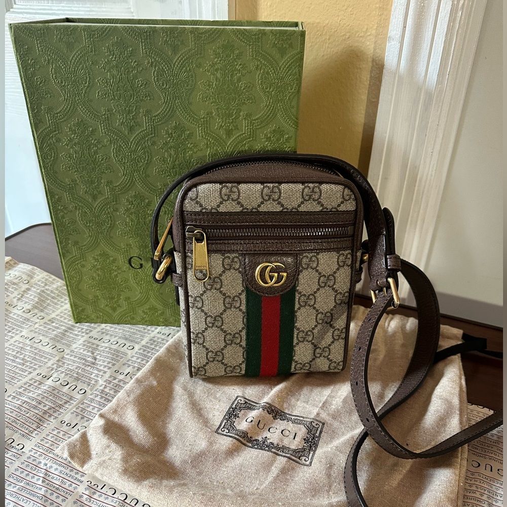 Authentic Gucci Ophidia Supreme Diagonal Leather Mini Nylon Brown GG Bag